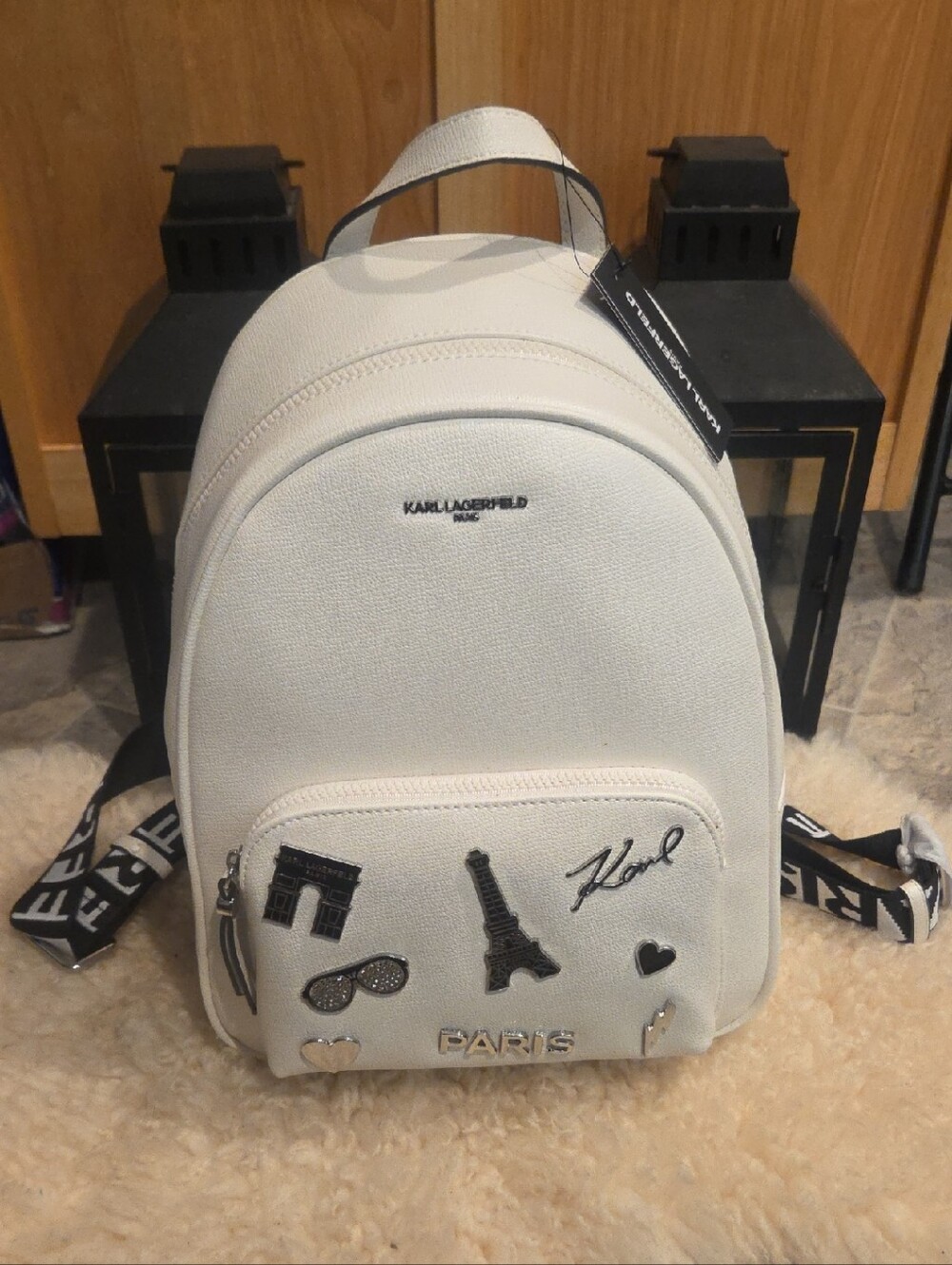 Karl Lagerfeld Paris White Pebbled Leather Backpack with Paris Charms – NWT